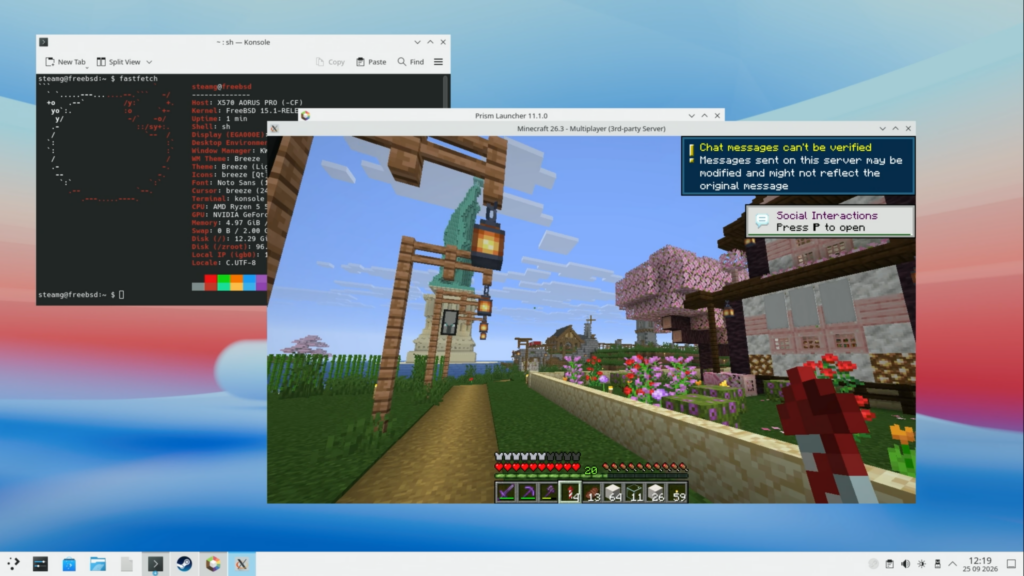 Minecraft 26.3 uruchomiony na FreeBSD przez Prism Launcher
